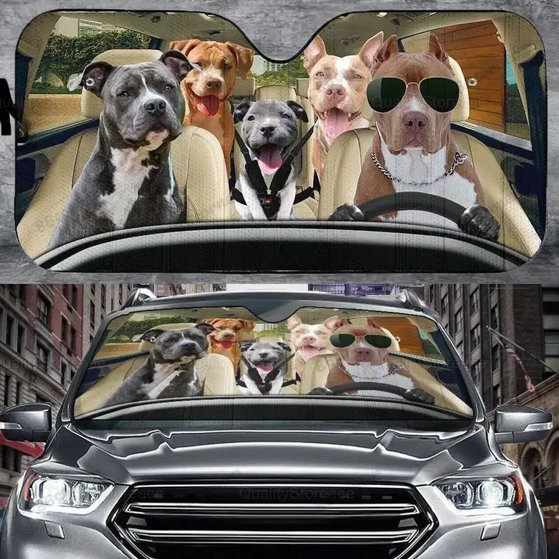 Pitbull Family Car Sunshade, Funny Car Sunshade, Cute Windshield Sunscreen, Pitbull Lover, Pitbull Decoration, Auto Seat Covers