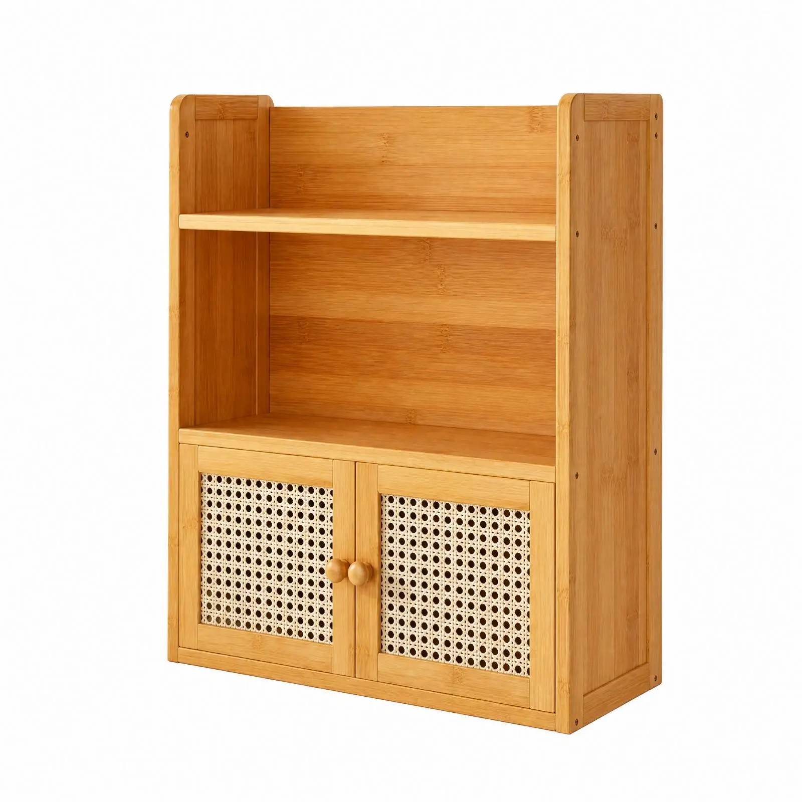 Bamboo Tabletop Organizer Cabinet with Three Display Shelves and Bottom Storage for Coffee Bar Kitchen Countertop Decor