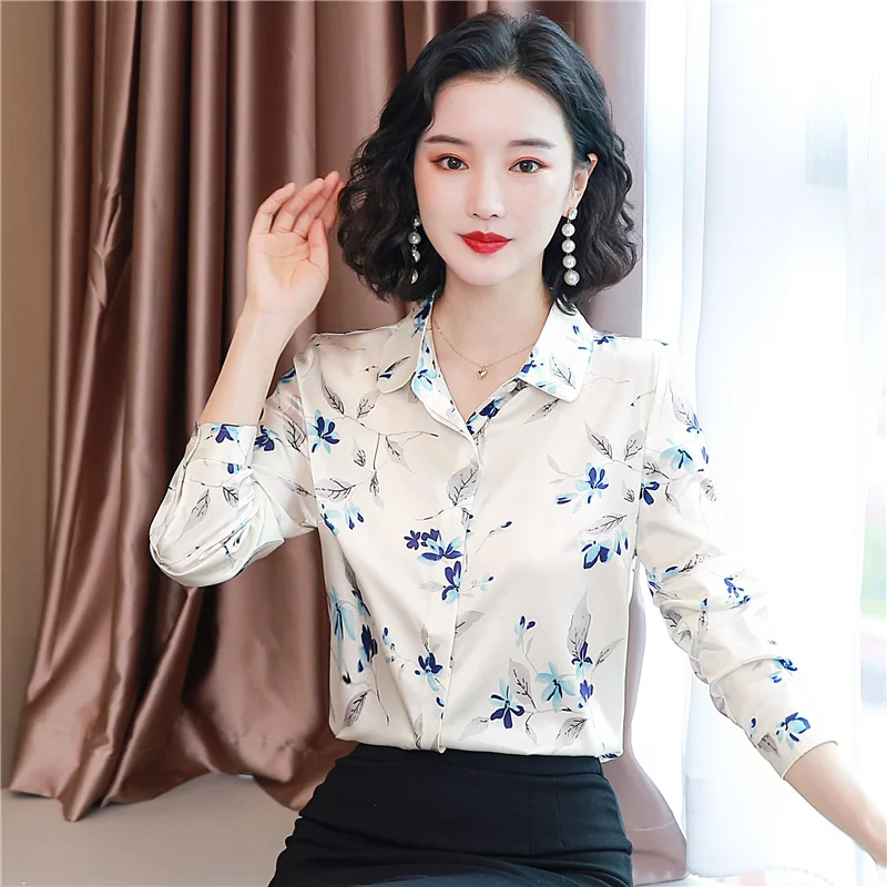 S-4XL White Flower Women\'s Satin Silk Shirt Blouse Korean Fashion Long Sleeve Print OL Work Shirt Elegant Female Tops Clothing