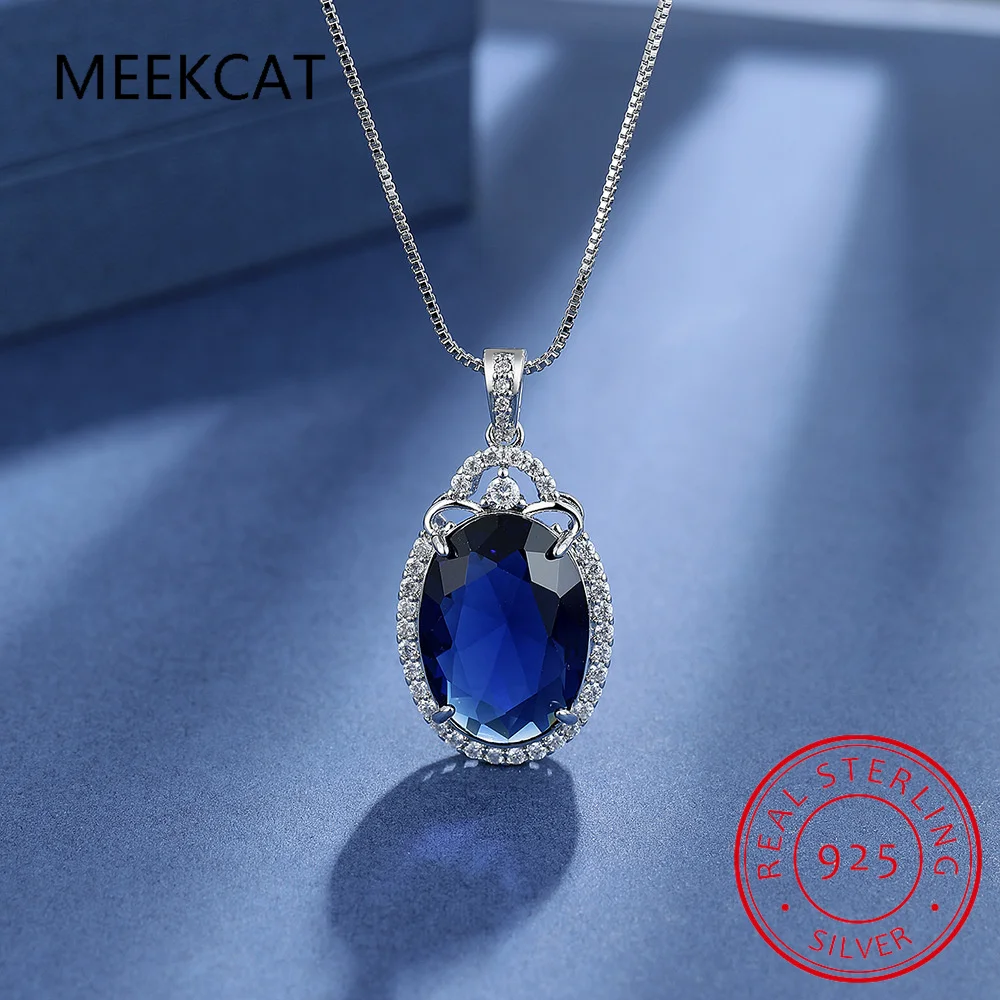 Big Oval Cut Created Blue Sapphire 925 Sterling Silver Pendant Necklace for Women Fine Jewelry Gemstone Choker Colar de Prata