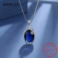 Big Oval Cut Created Blue Sapphire 925 Sterling Silver Pendant Necklace for Women Fine Jewelry Gemstone Choker Colar de Prata