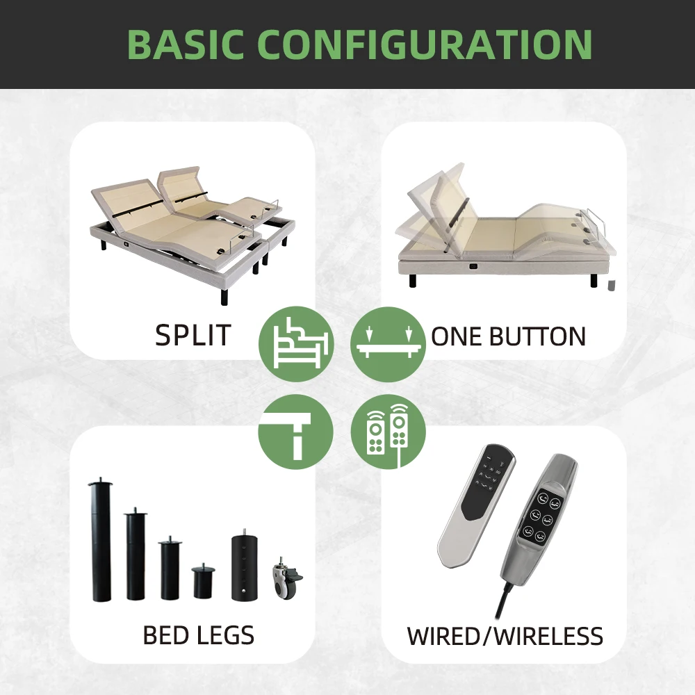 Wireless Remote Control with Wall-hugger  Foot Neck Lumbar Lift Adjustable Bed Base