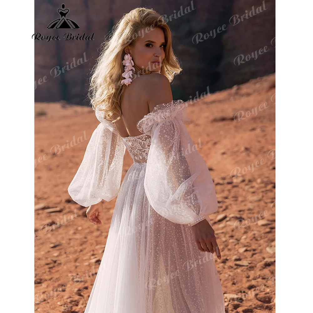 Strapless Polka Dot Tulle A-Line Boho Wedding Dress Removable Puff Sleeves Lace Corset Bridal Gown for Outdoor Wedding Customize