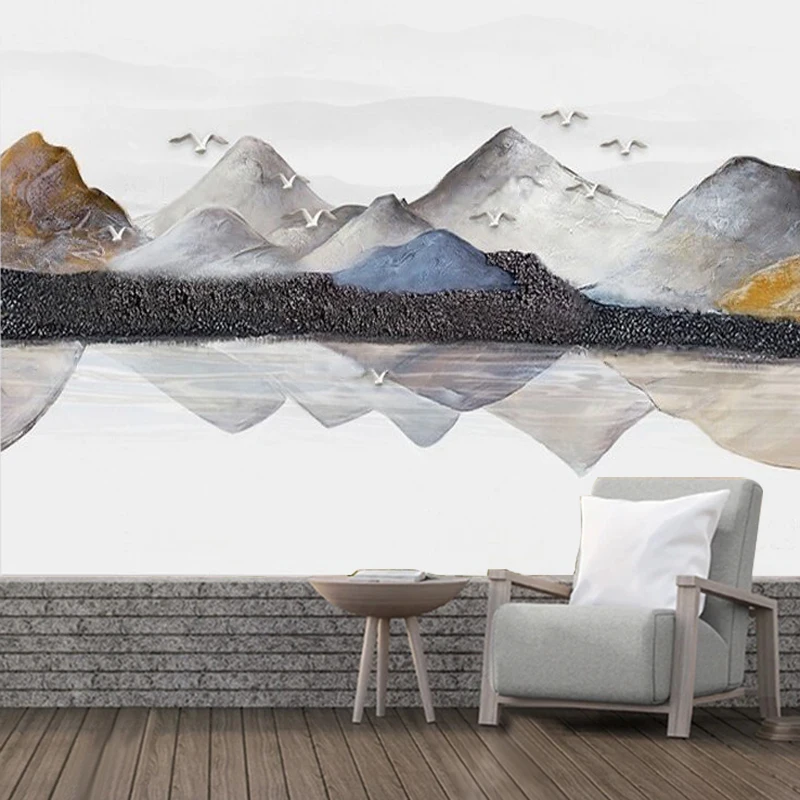New Chinese-Style Abstract Hand-Drawn Artistic Landscape Mountain Silhouette Painting With Clear Colors TV Set In The Living Roo