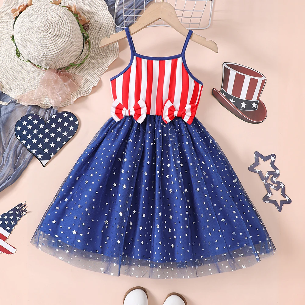 Girls' spring and summer American Independence Day festive dress with straps, bowknots, striped splicing, stars, and mesh fabric