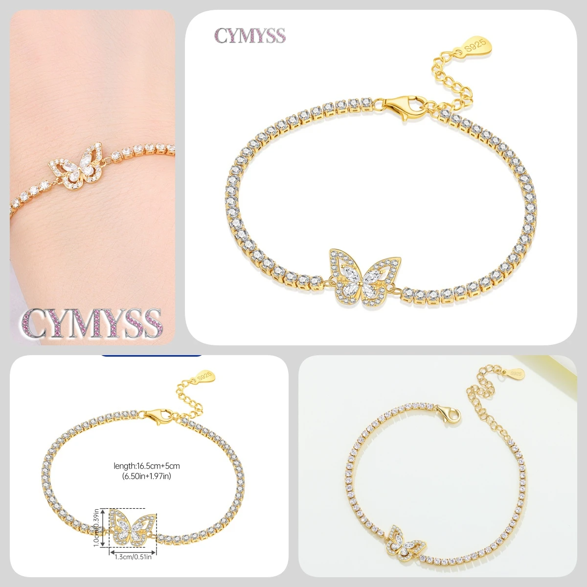 Zierliches Tennisarmband aus 925er Sterlingsilber mit Schmetterlingsanhänger und eingelegtem Zirkonia, edler Schmuck für Frauen, Hochzeits- und Geburtstagsgeschenk – Detail 2