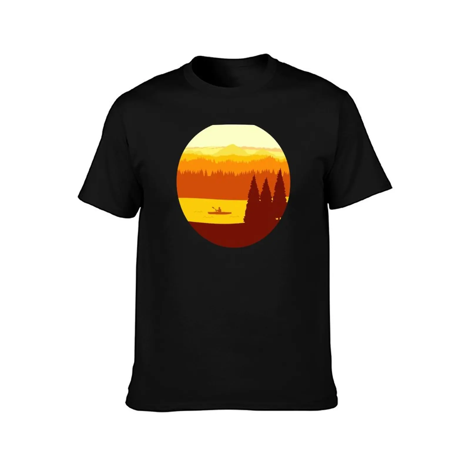 Sunset Mountains and Kayak T-Shirt, Summer Casual Cotton Tee, Oversized Streetwear Tops, Vintage Graphic Print, Unisex Men Women