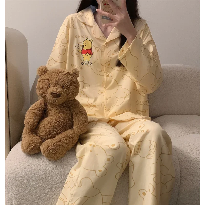 Disney Winnie the Pooh autumn cotton long-sleeved trousers two-piece set new women\'s pajamas cartoon cardigan loungewear set