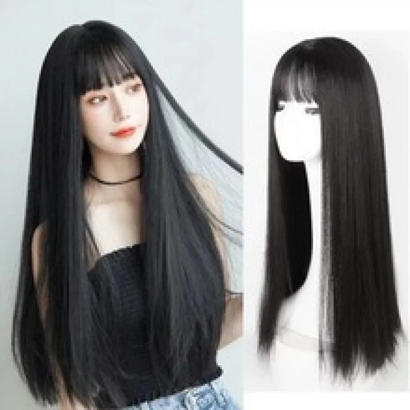 

Korean Wig for Women, Black Long Hair, Soft Girl Realistic Wig, Japanese Internet Celebrity Air Bangs, Elegant Face-Slimmingwigs