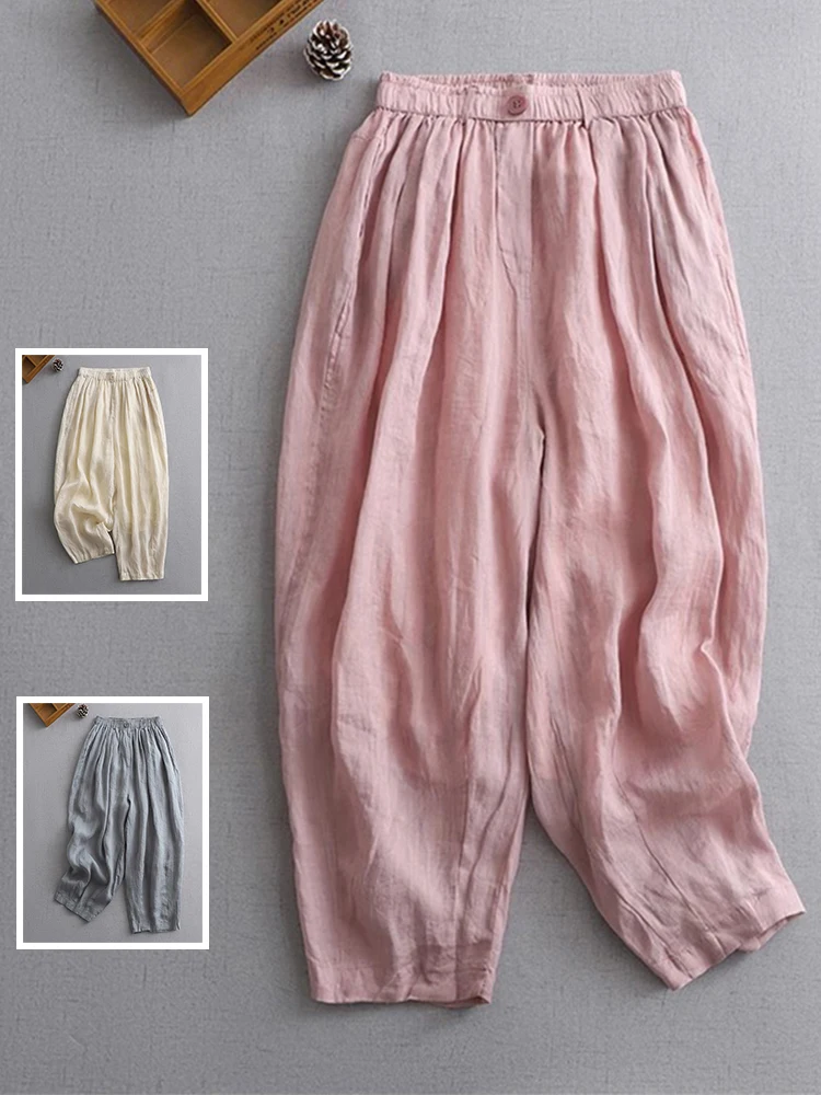 

Simple Pure Color Breathable Cotton Linen Double Layer Nine Points Pants High Waist Elastic Casual Slimming Harlan Pants
