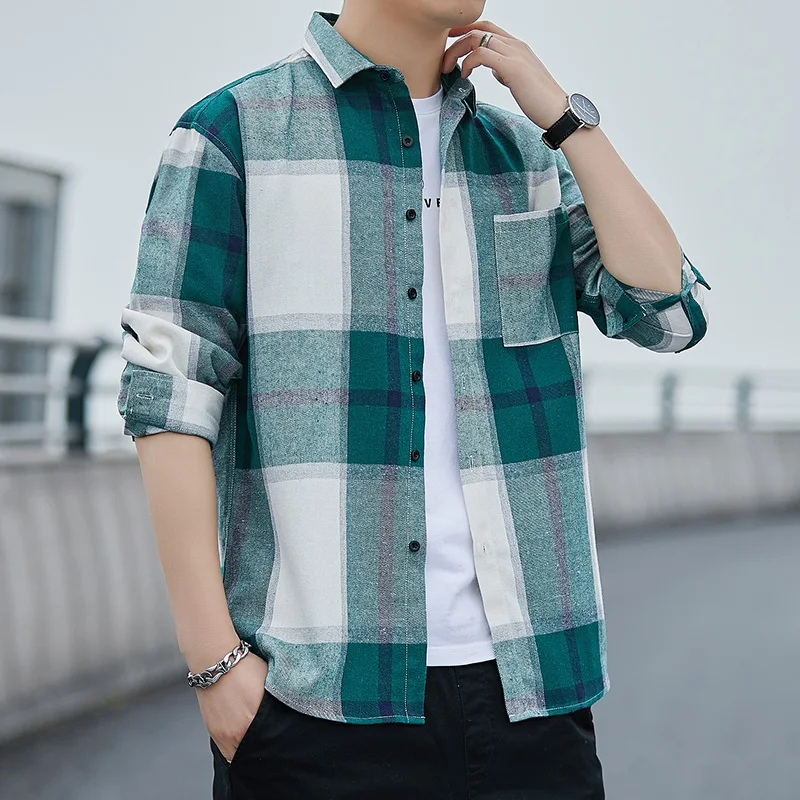 

Spring Plaid Shirt Men's Hong Kong Style Long Sleeve Casual Loose Shirt Trendy Handsome High Street Outerwear Polyester Cotto...