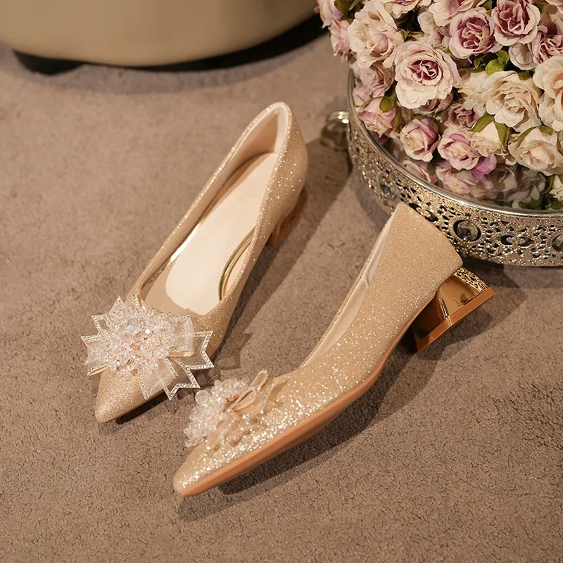 

Pointed Toe Rhinestone Bow Women's Kitten Bridal Shoes