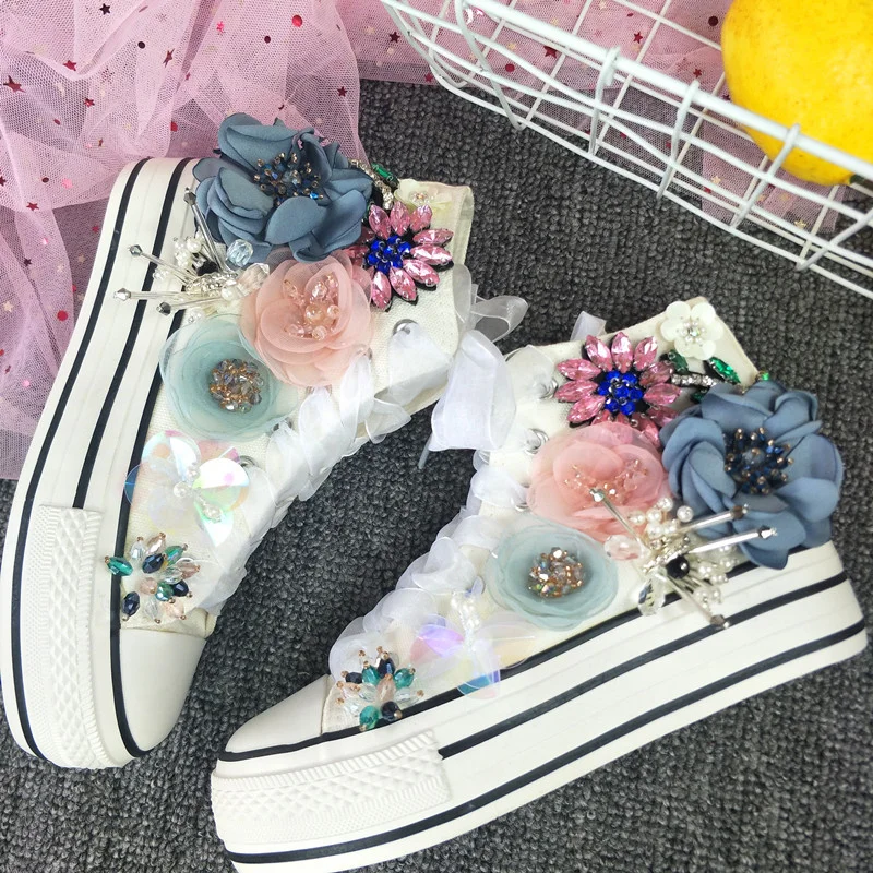 

Original beaded floral rhinestone Accessories Party Wedding espadrille Handcrafted custom white high top women's shoes 35-40