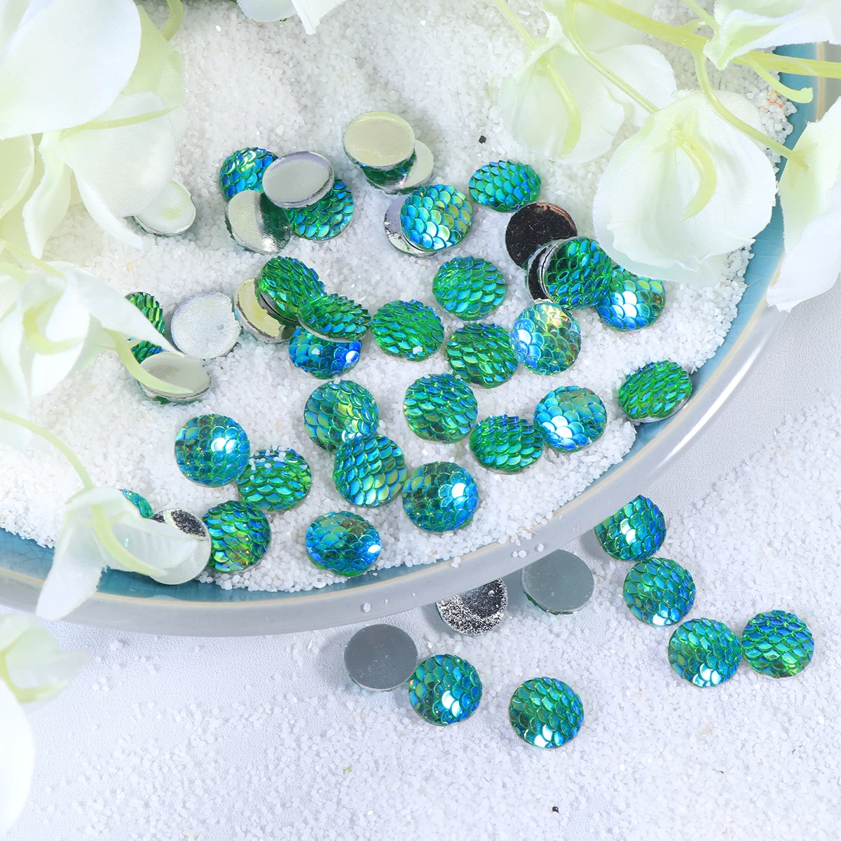 

50pcs Fish Scale Resin Rhinestone 12Mm Ab Crystal Loose Beads Green Round Flat Back Glue On Diy Nail Art Decor Accessories For