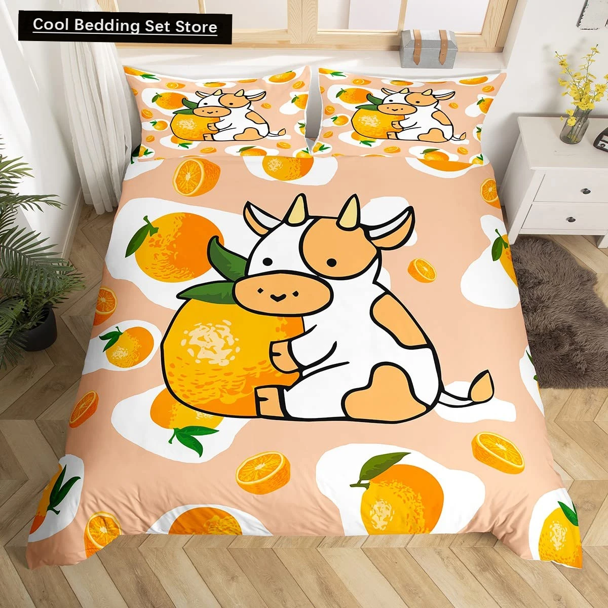 

Milk Cow Orange Pattern King Queen Duvet Cover Cartoon Fruit Animal Bedding Set for Kids Girl White 2/3pcs Polyester Quilt Cover
