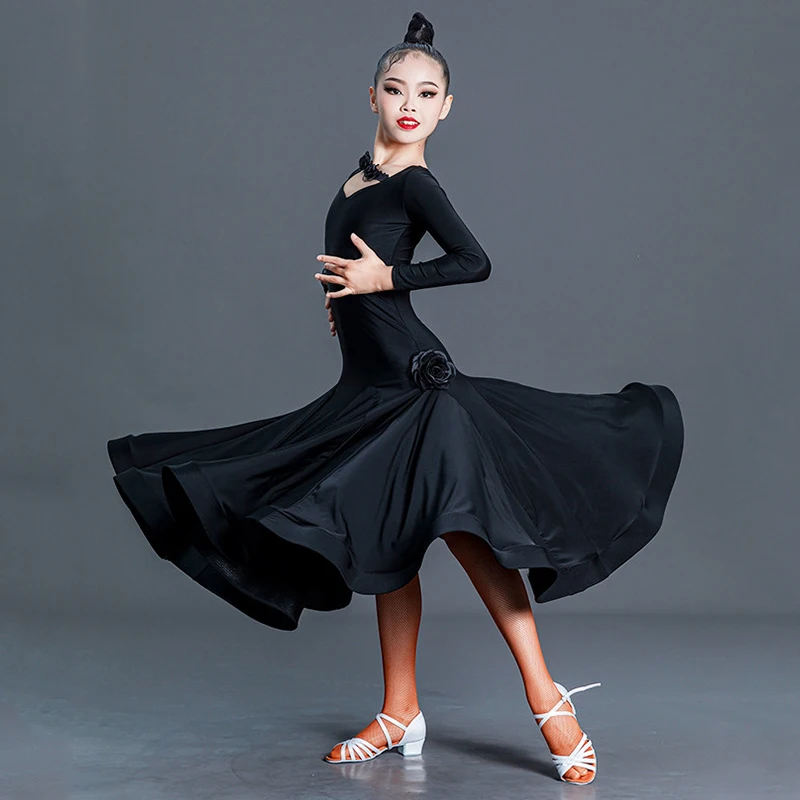 

Платье для бальных танцев для девочек, черное танцевальное платье с длинными рукавами, стандартная одежда для современных танцев, сценическая одежда для детей, одежда для занятий вальсом VDB7973