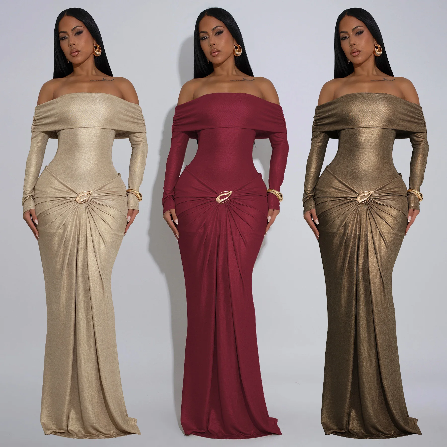 

Off Shoulder Pleated Dress Evening Dresses 2025 Women Winter Autumn Sexy Bodycon Maxi Dresses Party Elegant Evening Prom Dress