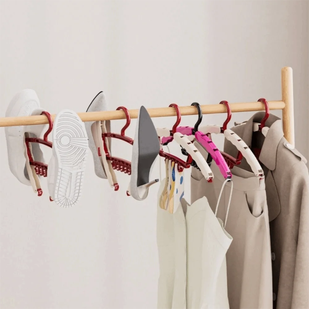 4 Pieces Plastic 3-in-1 Clothes Drying Rack Anti-slip Hanging Shoe Drying Rack Windproof Save Space Travel Folding Hanger