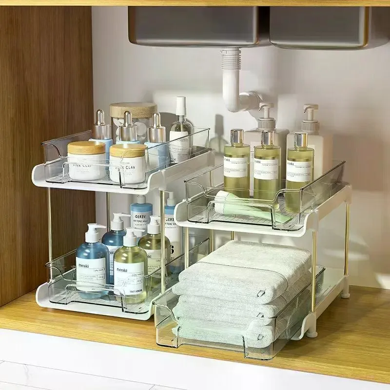 2-Tier Transparent PVC Under-Cabinet Storage Rack - Stackable Kitchen Organizer with Adjustable Dividers, Movable Pull-Out Box, Quick-View Clarity, Effortless Retrieval, Bathroom Organizing Accessories