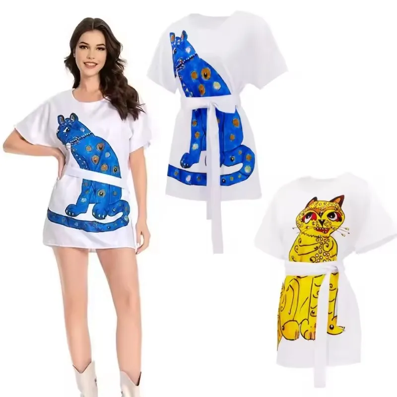 

New Anni Cosplay Costume Fantasy 70s Vintage Cat Printed Dress Retro T-shirt Female Halloween Carnival Party Outfits