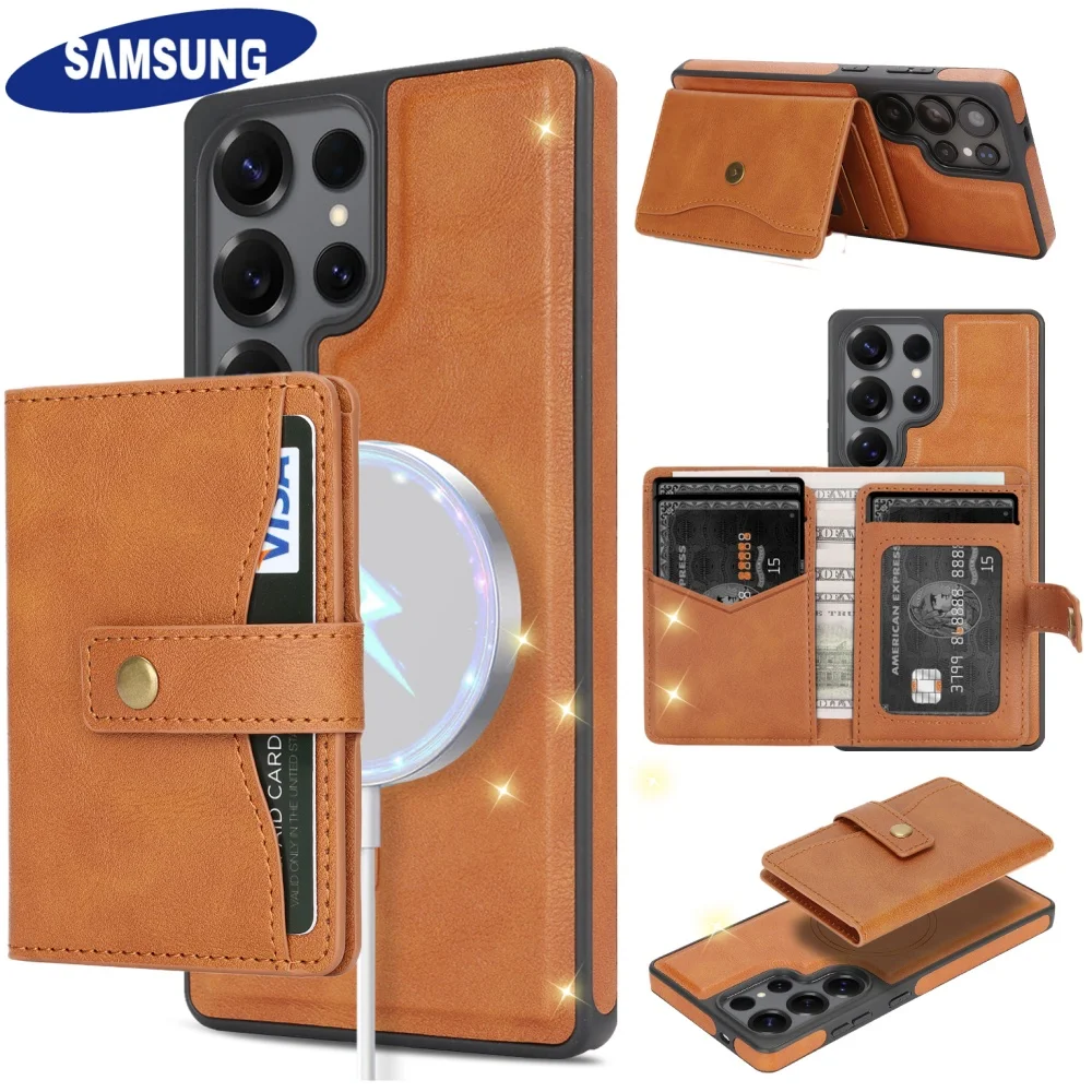 

for Magsafe Wallet Leather Card Holder Phone kick Stand all in 1set Case for Samsung S25 S24 S23 S22 Ultra Plus Magnetic Cover