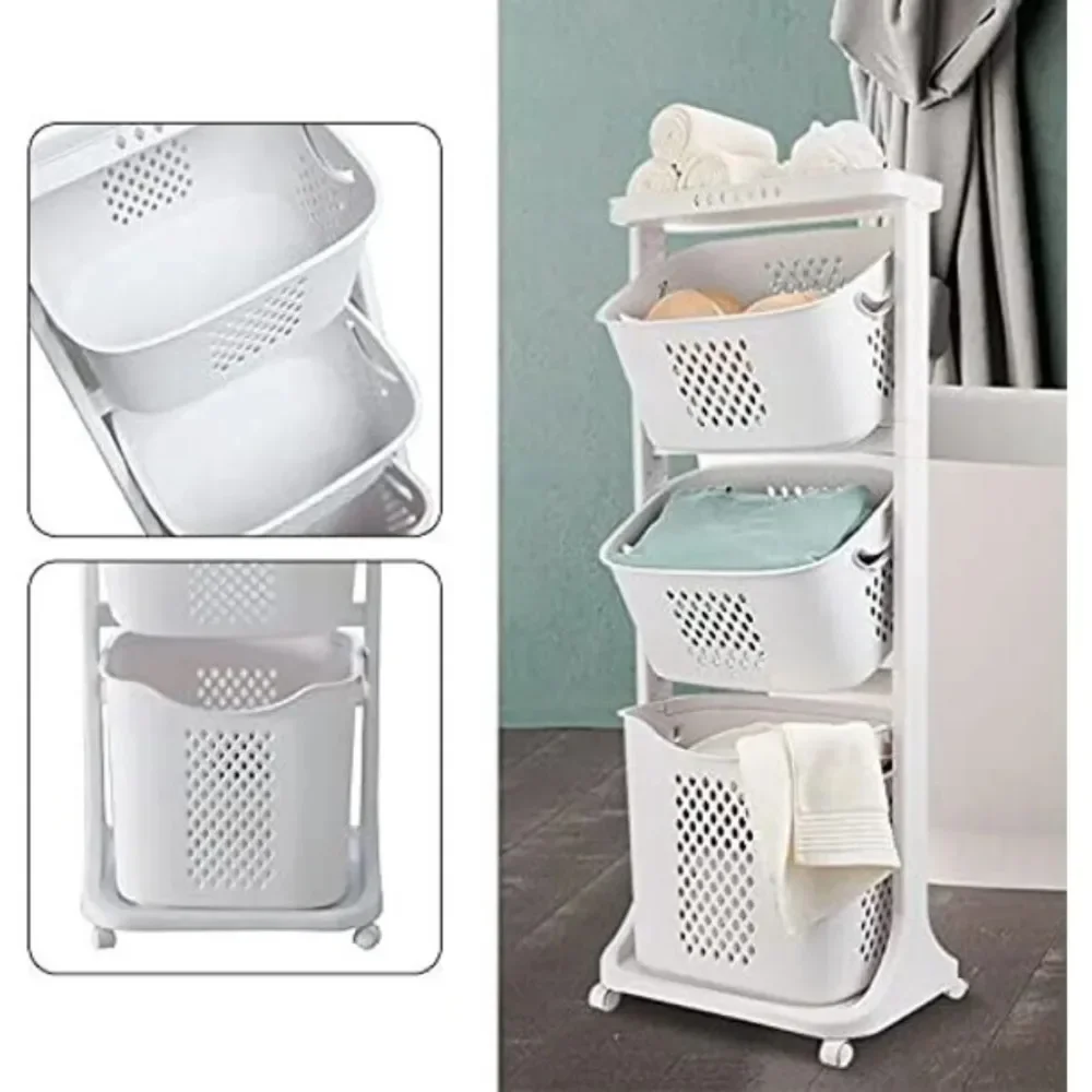 

Three-layer Laundry Basket, Rolling Laundry Basket Trolley, Clothing Storage Basket with Wheels, with Portable Handle