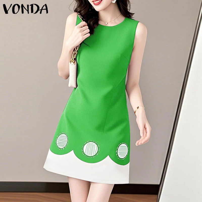 2026 VONDA Sommer Ärmelloses Sexy Minikleid Damen Eleganter Druck O-Ausschnitt Lässiges Lockeres Kurzes Hemdkleid Mode Party Vestidos