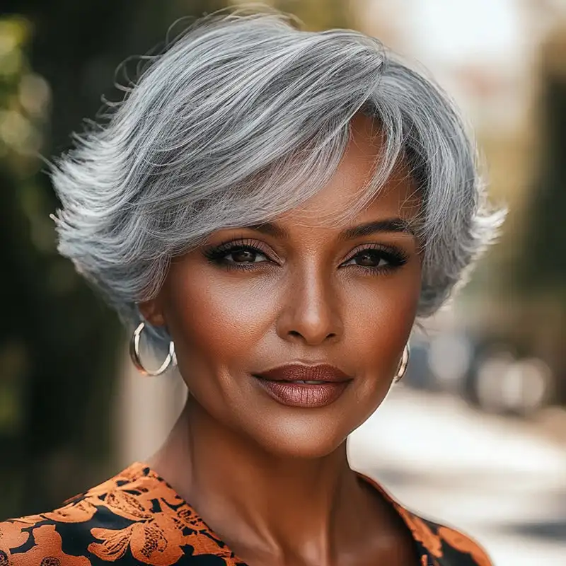 

Soullady Salt & Pepper Short Pixie Cut Glueless Gray Wig With Retro Flip Ends Snug Fit Upgrade Bob Short Human Hair Wigs