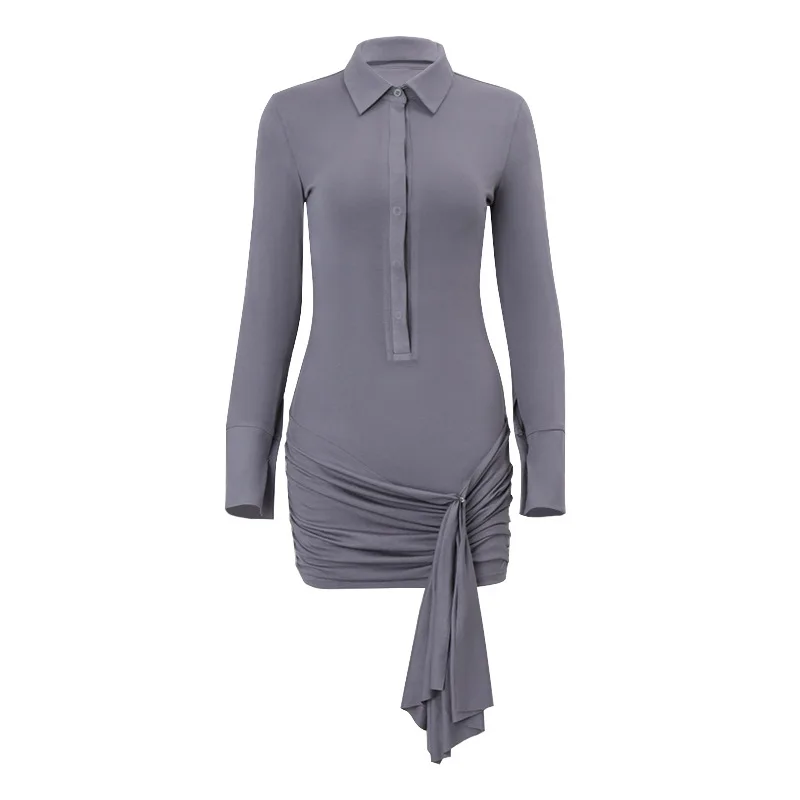 Frauen-Umlegehemden 2025, sexy Riemchen-Plissee-Bandag-Minikleid, Revers, einreihig, durchsichtiges Kleid, langärmelig, Partykleid