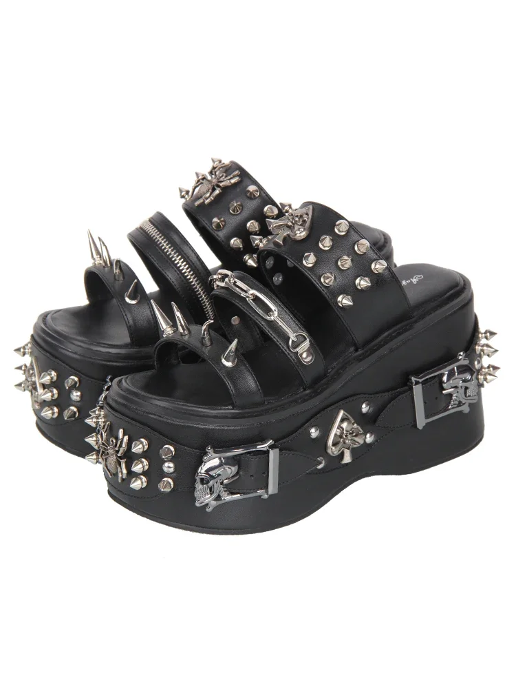 2026 New Product Lolita Heavy Industry Rivet Decorative High Heels Sweet Retro Lolita Gothic Style Sponge Slippers