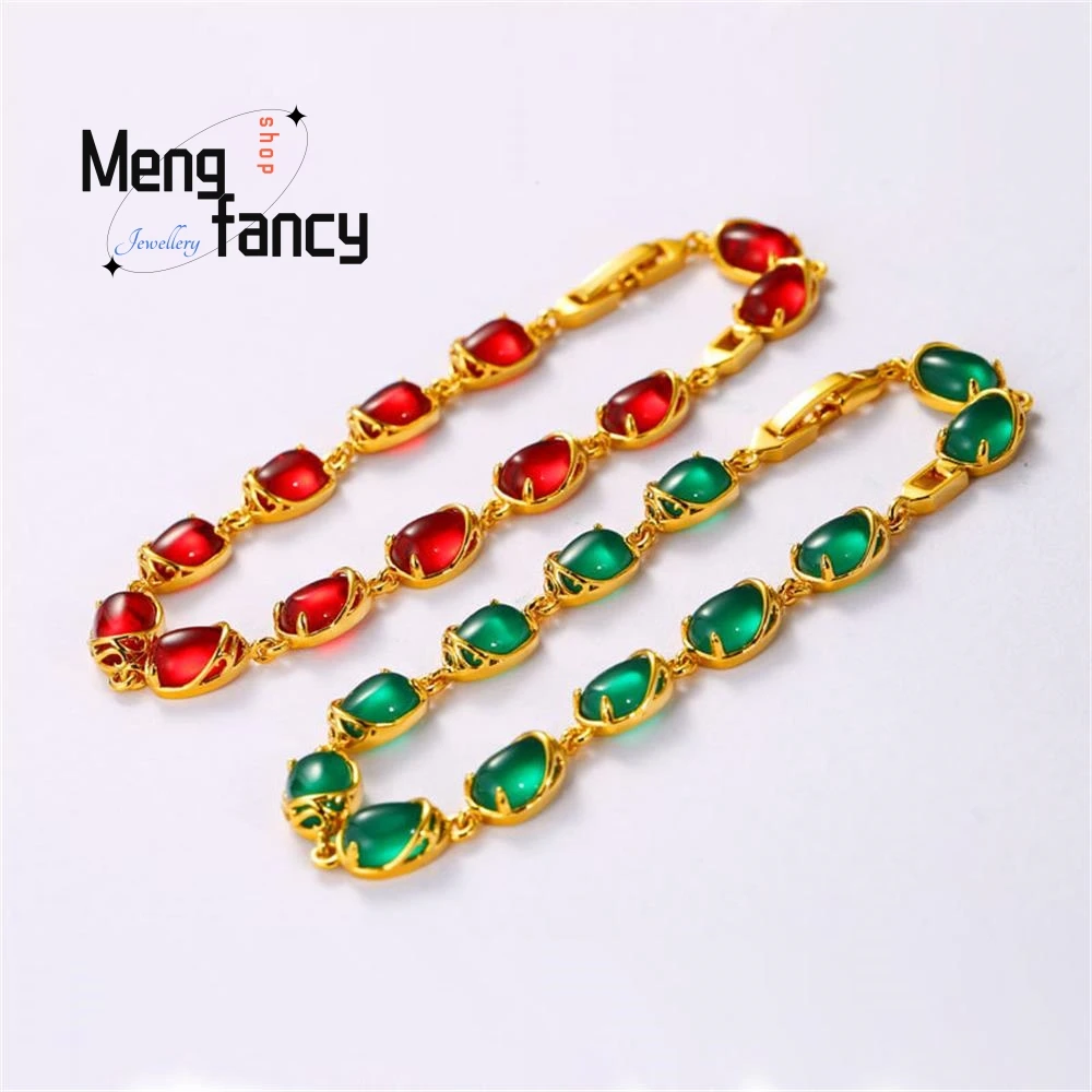 Natural Emerald Chalcedony Gold Plated 24K Bracelet Charms Fashion Designer Elegant Luxury Jade Fine Jewelry Women Holiday Gifts