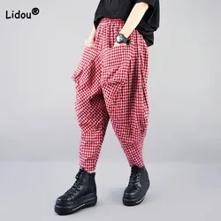 Pantalon radis à carreaux taille élastique pour femmes, pantalon capri épissé, poches vintage, tout match, mode décontractée, vêtements d'été