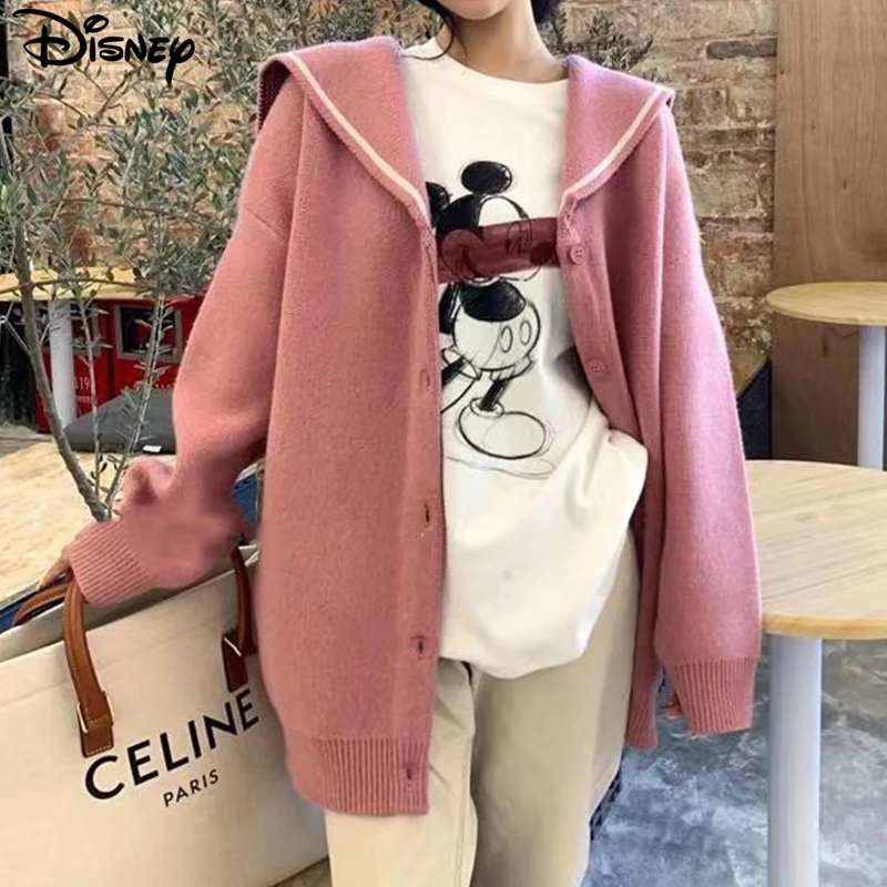 Disney 2023 New Arrival Top Fashion Beading Cotton Casual Cartoon Mickey Mouse Long Sleeve Loose Women Pullover Sweater