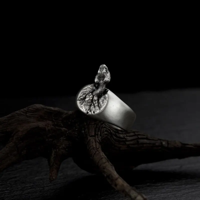 

Chiba Original Design Thai Silver Handmade Vintage Zodiac Small Serpentine Vintage Women's Wide Version Men's Open Ring