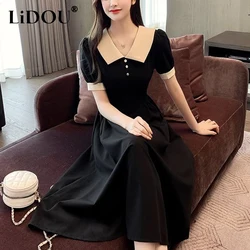 Estate nuova moda Casual bambola collare manica corta vestito Midi femminile elegante semplice a-line abiti Robe Femme abbigliamento donna