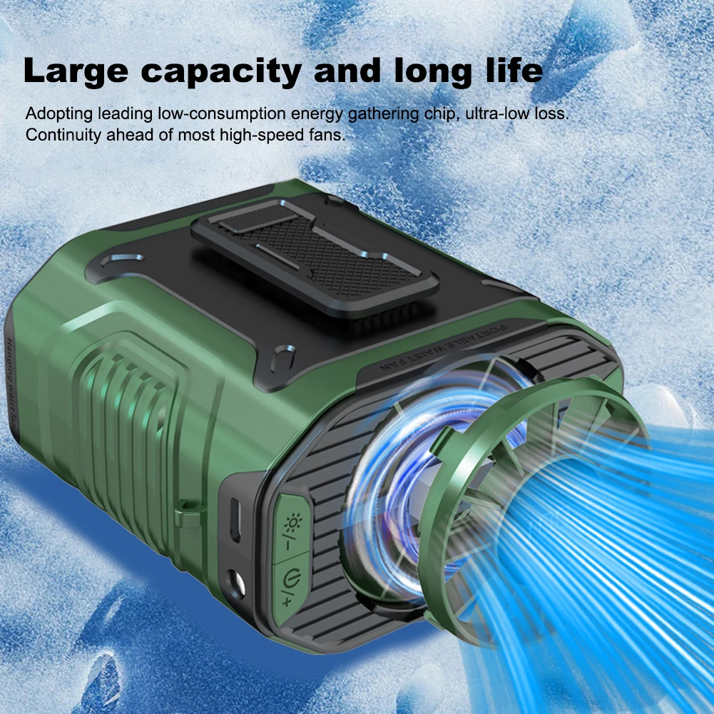 Ventilatore portatile USB ricaricabile con clip sulla camicia da cintura indossabile Ventola per il corpo 3600mAh Ventola da cintura di raffreddamento con torcia elettrica Ventola con clip in vita