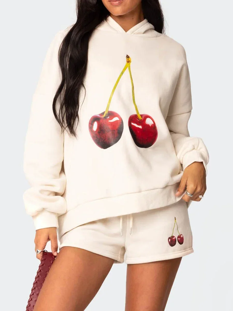 New Fashion Women Hoodie Long Sleeve Cherry Print Hooded Sweatshirt Pullover Fall Casual Tops Club Street Style S M L