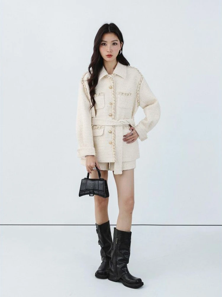 Small Fragrant Style Embroidered Edge with Belt Thick Tweed Medium to Long Coat Women's Autumn High Quality Temperament Coat