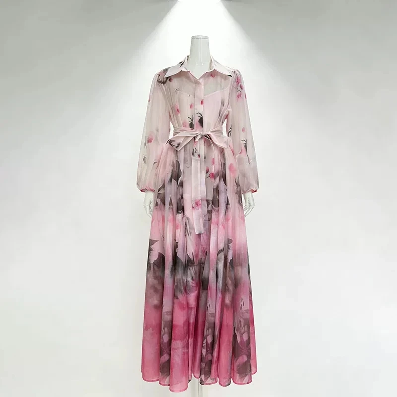 Boho Chic Gradient Floral Maxi Shirt Dress Women Casual Long Sleeve Belted Waist Flowy Long Chiffon Dress for Vacation