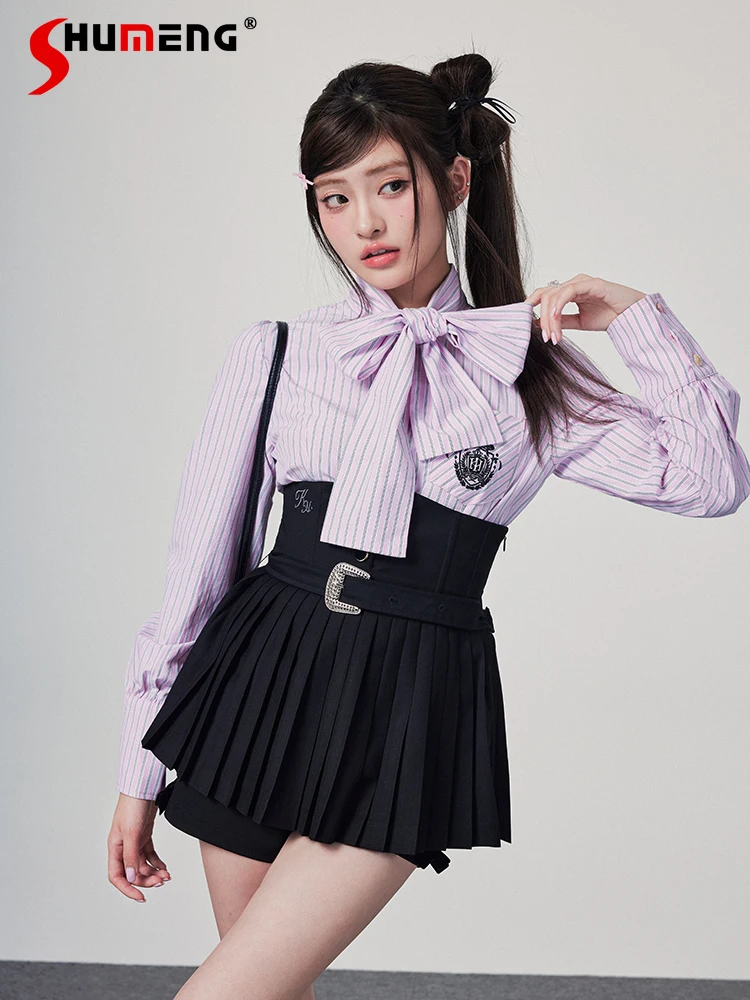 Japanese Sweet Preppy Bow Long Sleeve Striped Shirt High Waist A-line Pleated Mini Skirt Bottoming Shorts Outfits Sets Women