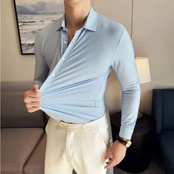 Plus Size 4XL-M High Elasticity Seamless Shirts Men Elegant Traceless Striped Slim Fit Shirt Formal Long Sleeve Social Dress