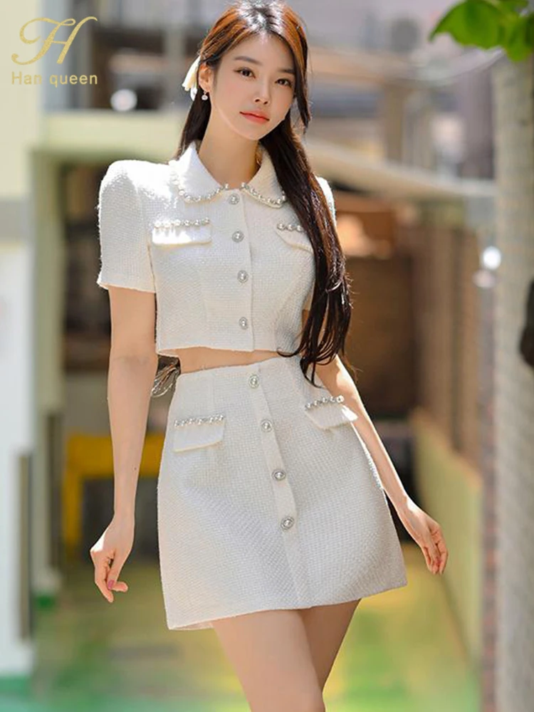 H Han Queen Elegant 2-Piece Sets For Women Short Top + Midi Skirt Korean Fashion Beading Skirt Set Korean Style Women\'s Clothing