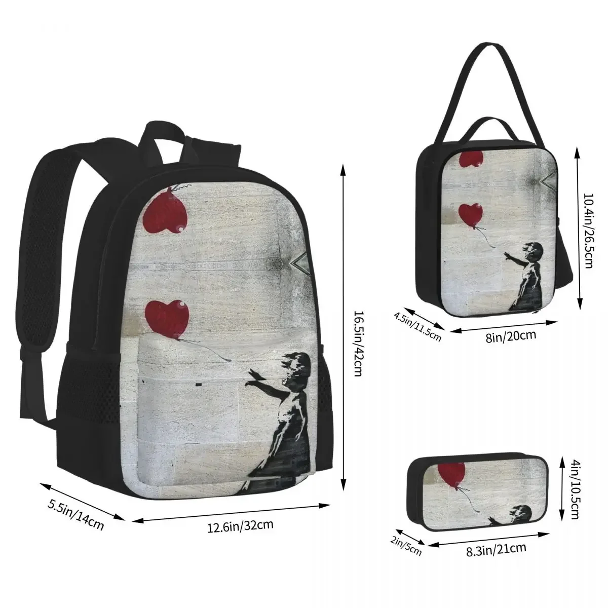 Banksy-Sacs à dos avec un ballon rouge pour filles et garçons, cartable pour étudiants, sac à dos scolaire, sac à lunch, sac à stylos, ensemble de 3 pièces