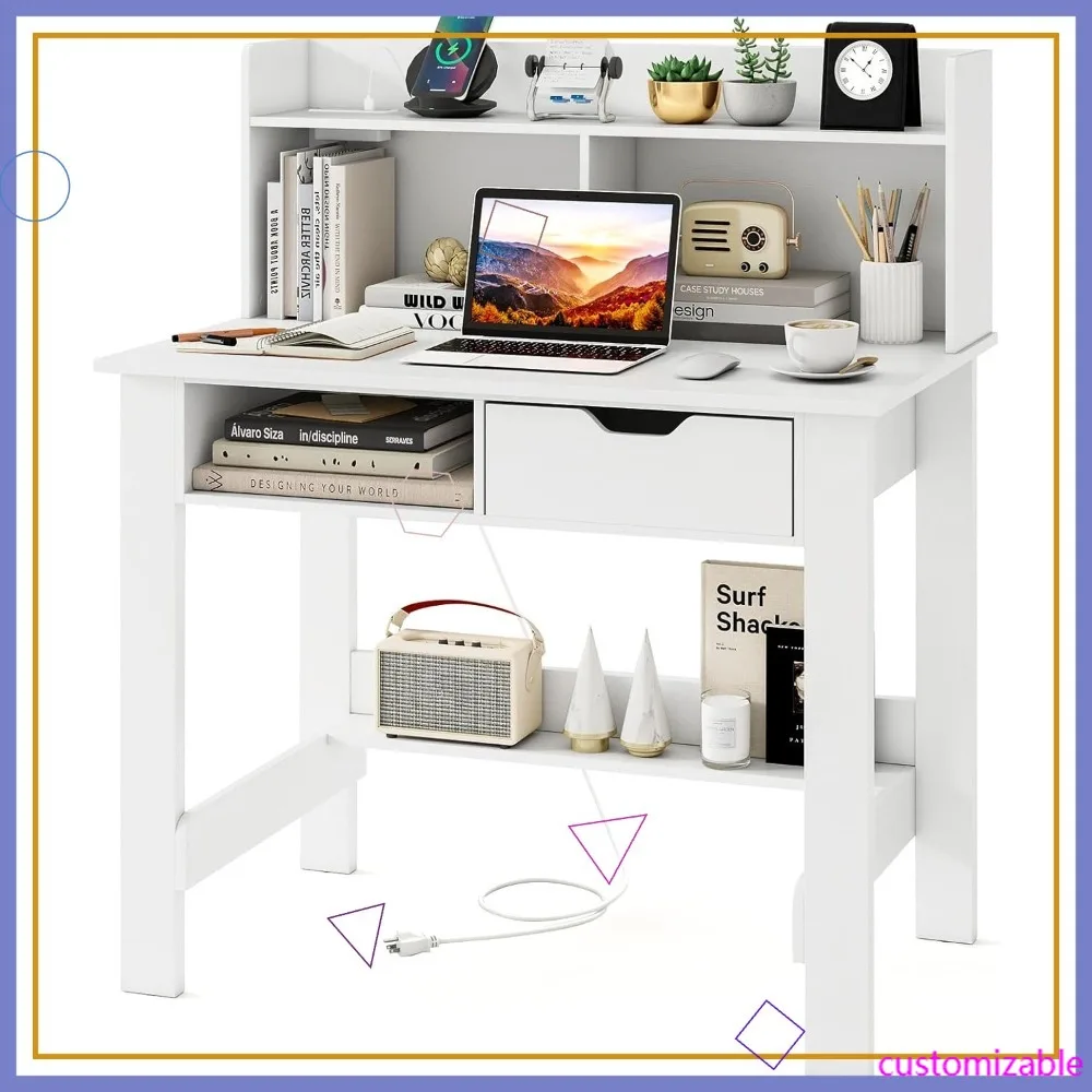 

Современный компьютерный стол с зарядной станцией, портами USB и Type-C, полками для хранения и ящиком для учебы домашнего офиса