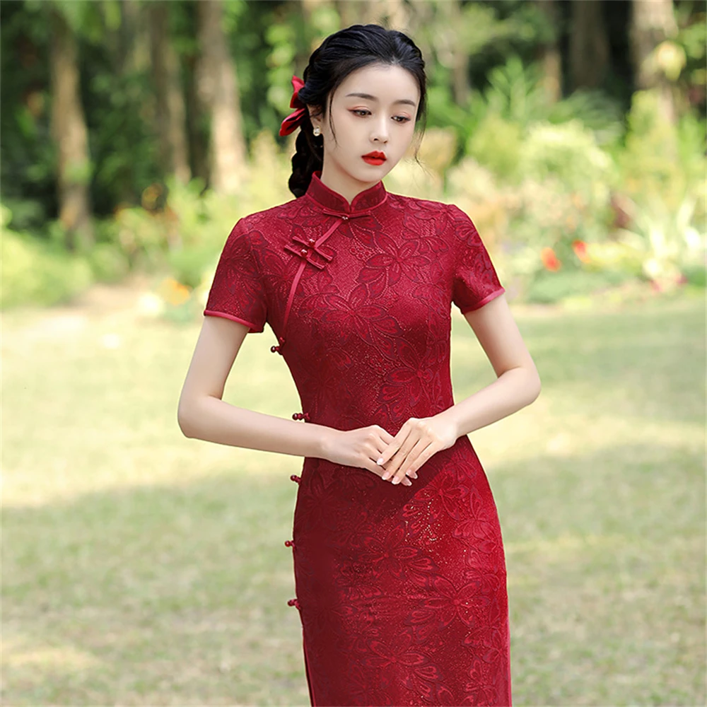 Female Mid-length Lace Cheongsam Red Wedding Banquet Dress Vintage Elegant Qipao Vestidos Short Sleeve Split Evening Party Gown