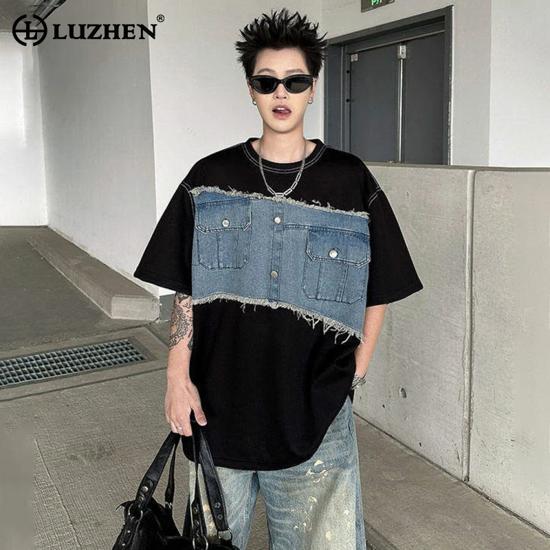 LUZHEN Personalized Original Streetwear 2025 Summer New Cowboy Patchwork Design Short Sleeve T-shirts Men's Loose Tops JY1500