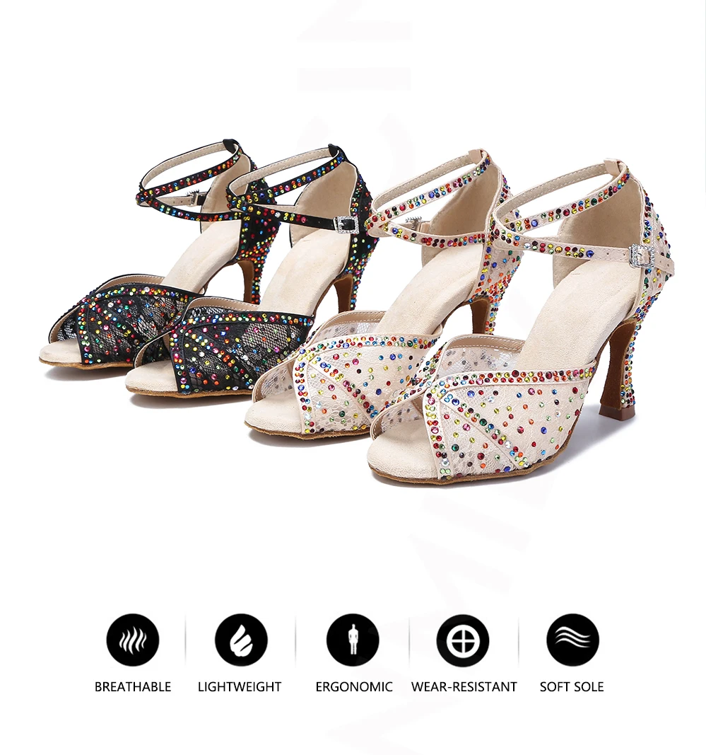 CINMIDY Farbige Strass-Latein-Tanzschuhe Tango Mesh Ballroom High Heel Tanzschuhe für Mädchen und Frauen Indoor Party Show Schuhe – Detail 3