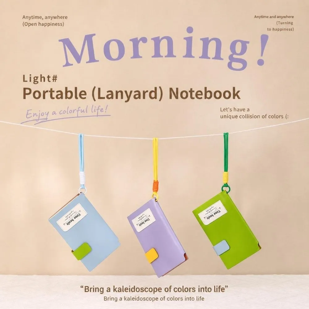 Cute A6 Notebook Color-blocking with Lanyard Lined Notebook Snap Button Closure Lined Paper Pocket Memo Book Travel Daily Using