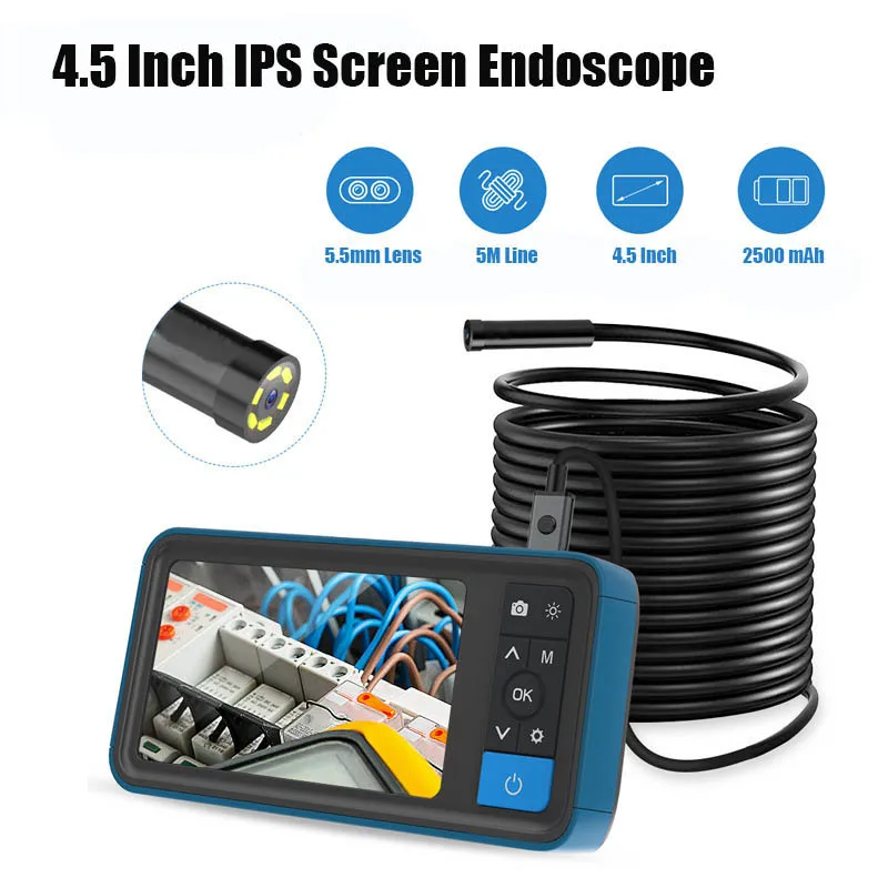 

5.5 Mm Dual Lens Inspection Camera, 4.5 Inch 1080P IPS Screen Endoscope,IP67 Waterproof Tube Industrial Borescope With 5M Line