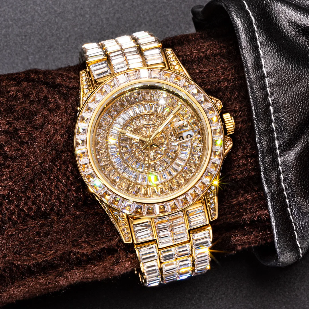 Relojes de cuarzo de lujo para hombres y mujeres, reloj de pulsera de Color dorado con piedras impresionantes de Hip Hop, reloj fino luminoso resistente al agua con fecha
